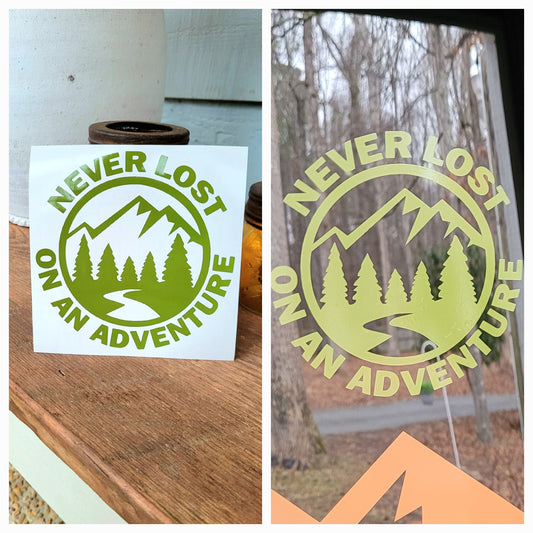 Never Lost On An Adventure Mountain River Forest Nature Theme vinyl decal sticker | Off Road Overlanding Decal Multiple Colors Sizes