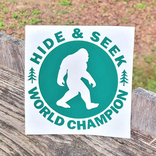 BigFoot Sasquatch Hide and Seek World Champion Vinyl Decal Sticker for Car Truck Van Camper Cup Tumbler Laptop | Adventure Decal Sticker