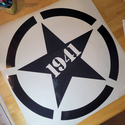 1941 Star Vinyl Decal Sticker for hood, fuel gas door, bumper, fender, laptop, toy.  Military Star Decal in multiple colors and sizes.